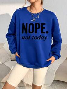 SHEIN EZwear Của phụ nữ Xanh In Vòng cổ Tay áo dài Áo nỉ - Xanh đậm - Xem 5