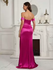 SHEIN Belle Quý cô Off Shoulder Phù dâu Chế tạo Của Vải Sa tanh - Màu Hồng Tươi - Xem 2