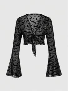 ROMWE Goth Women's Bat Sleeve Printed Mesh Top - Black - View 2