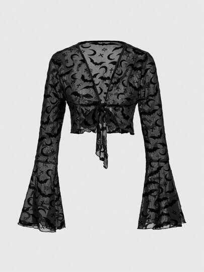 Goth Women's Bat Sleeve Printed Mesh Top
