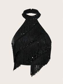 SHEIN ICON Sequin Decor Halter Top - Black - View 1