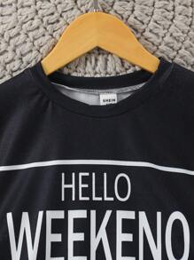 Tween Girls' English Letter Pattern Printed Comfortable Casual Pajama Set - Black - View 3