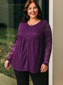 EMERY ROSE Camisa De Encaje Para Mujeres De Talla Grande Con Botones - Morado - Ver 1