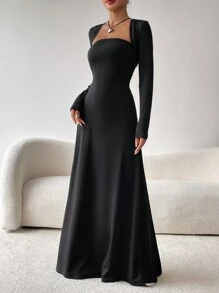 SHEIN EZwear 時尚黑色無肩帶披肩領長袖禮服,底擺飄裙款 - 黑色 - 查看 5