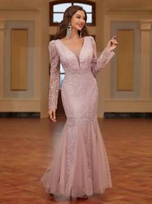 SHEIN Belle Luxury Heavy Duty Women's Evening Prom Dress With Embroidery And Mesh Panel - Pink - View 4
