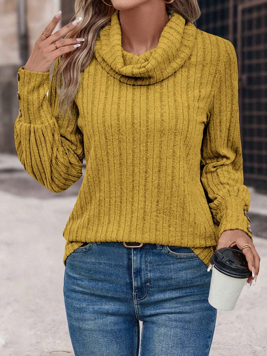 SHEIN LUNE Cowl Neck Long Sleeve Buttoned Ribbed Tee - Mustard Yellow - View 1