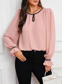 SHEIN Clasi Của phụ nữ Tương phản Nếp uốn Cạnh Ngắn tay Áo sơ mi - Hồng - Xem 3