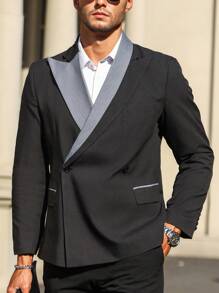 Manfinity Mode Band Collar Double Breasted Blazer Jacket - Black - View 7