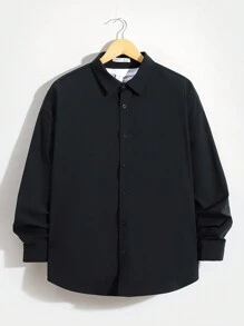 SHEIN Thiếu niên con trai Chất rắn Nút phía trước Áo sơ mi - màu đen - Xem 2
