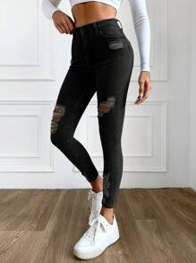 EURMUSE 98%Cotton Solid Color Skinny Jeans With Ripped Detail ,Petite Women - Hitam - View 5
