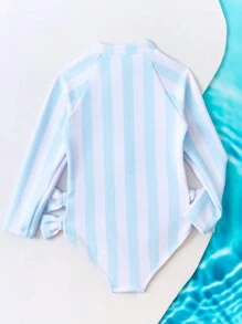 Young Girl Striped Zipper Front One Piece Swimsuit - Blue and White - View 2
