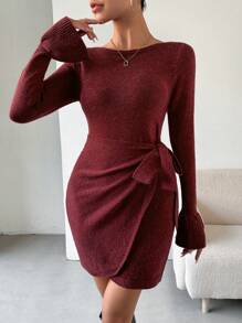 Chiquease tay áo lá sen Nút ven Bao bên Đầm Áo len - Màu Đỏ Sâu - Xem 5