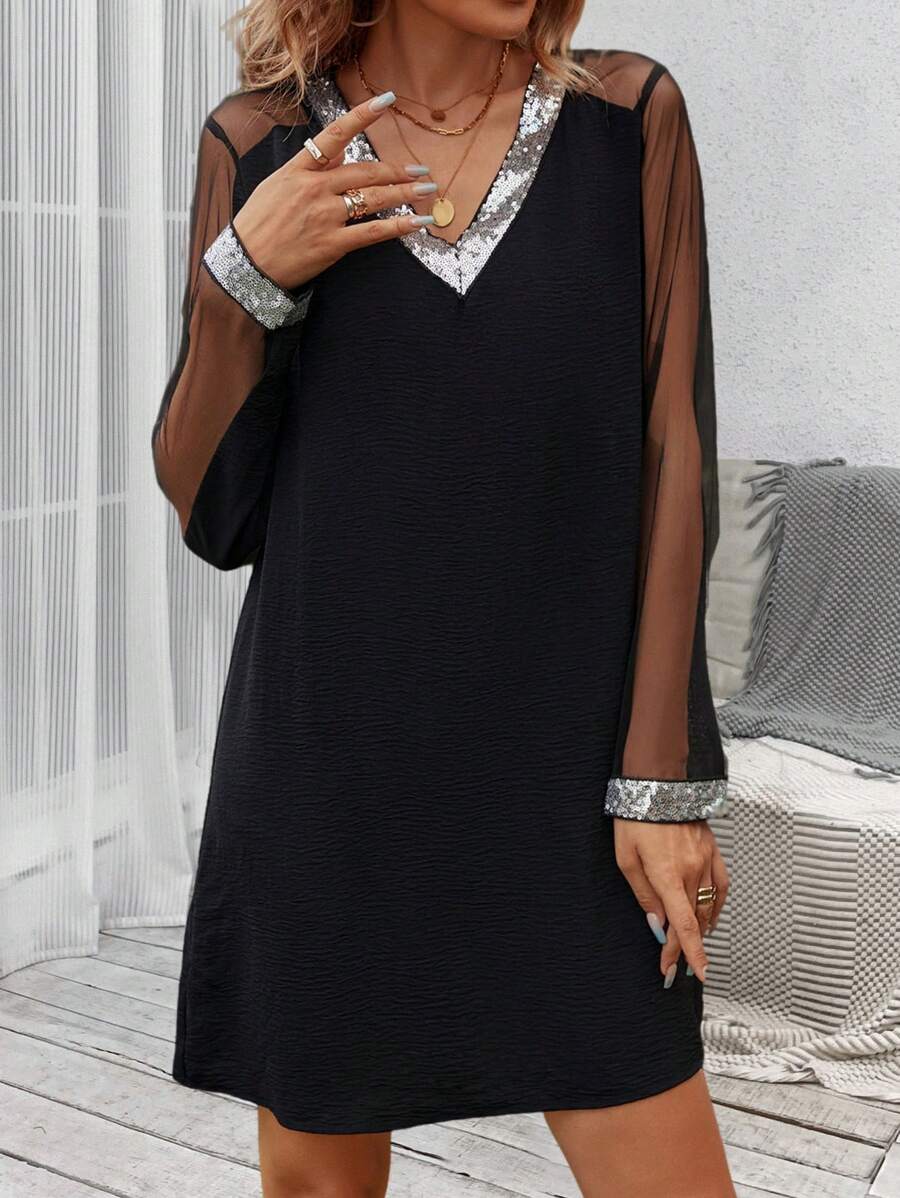 SHEIN Clasi Contrast Mesh Sleeve Contrast Sequin Tunic Dress - Black - View 1