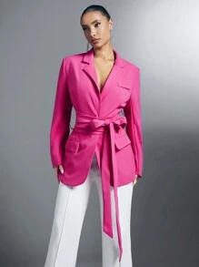SHEIN BAE 西裝領腰帶西裝外套 - 藍色 - 查看 1