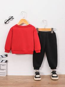 SHEIN Sudadera Con Capucha Y Pantalón De Chándal Para Bebé Con Letras Y Gráficos, Con Bolsillo Y Parches De Osito De Peluche