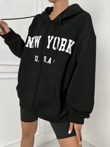 SHEIN Unity Women's Letter Printed Zipper Front Hoodie - Black - View 5