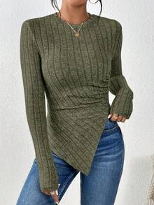 SHEIN Frenchy Solid Color Asymmetrical Hem T-Shirt - Army Green - View 3