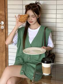 Dazy Star Của phụ nữ Áo len vest Với Họa tiết Hình học Trở lại Thiết kế - màu xanh lá - Xem 5