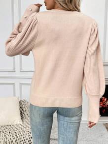 Chiquease Solid Button Detail Bishop Sleeve Knit Pullover Fall Winter Sweater - Apricot - View 2