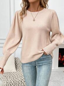 Chiquease Solid Button Detail Bishop Sleeve Knit Pullover Fall Winter Sweater - Apricot - View 3