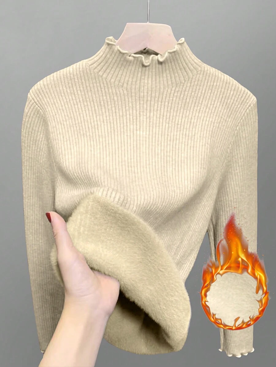 Franclia Solid Mock Neck Thermal Sweater,Long Sleeve Tops Knit Pullover Fall Winter Outfit - Apricot - View 1