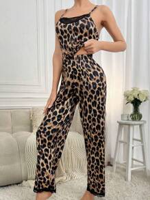 Women's Leopard Print Patchwork Lace Pajama Set