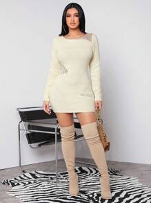 SHEIN SXY New Year Women'S Sexy Round Neck Long Sleeve Sweater Dress - Apricot - View 4