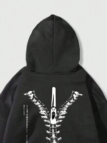 ROMWE MEN Street Life Men Letter & Skeleton Pattern Hooded Drawstring Pocket Drop Shoulder Sleeve Sweatshirt - Black - View 5