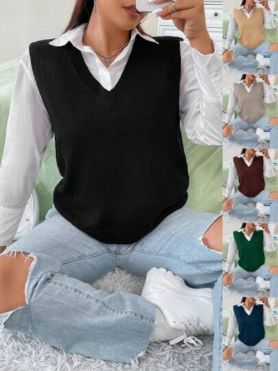 Sunspun Plus Size Solid Color V-Neck Sweater Vest, For Winter Fall