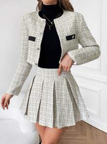 Firerie Plaid Print Button Front Crop Jacket & Pleated Mini Skirt Two Piece Skirt Set