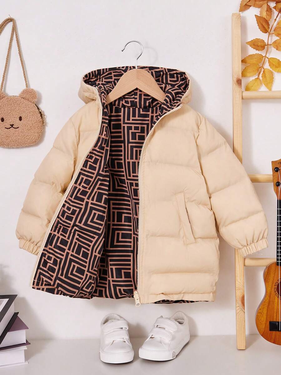 SHEIN Áo khoác có mũ trùm đầu có khóa kéo cho bé gái - Màu be - Xem 1
