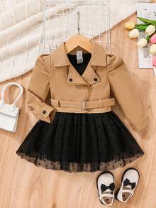 SHEIN Baby Girls' Retro Motorcycle Jacket And Knit Mesh Splice Dress - Black - View 3