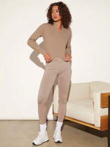 SHEIN BASICS 半拉鏈條紋針織短款毛衣 - 卡其色 - 查看 3