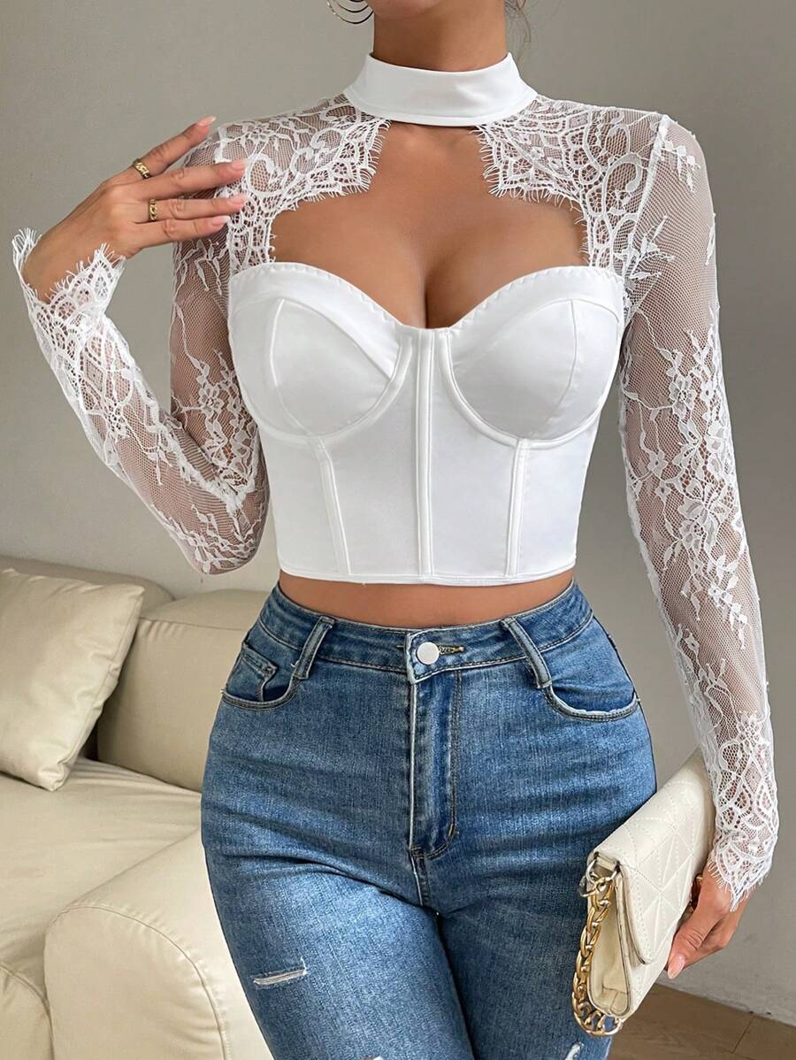 Allurite Eyelash Lace Panel Cut Out Front Crop Bustier Top - White - View 1