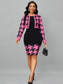 SHEIN Lady Houndstooth Print Open Front Jacket & Bodycon Dress - Hot Pink - View 1