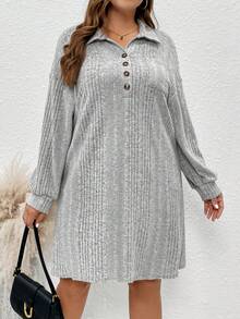 SHEIN LUNE Plus Size Loose Drop Shoulder Button Half Placket Dress - Grey - View 3