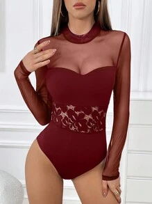 SHEIN Privé Contrast Mesh Mock Neck Bodysuit - Burgundy - View 1