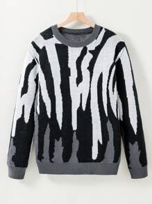 少年男孩時尚簡約黑白提花圓領毛衣