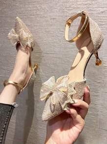 Zapatos de tacón alto elegantes dorados con moño para mujer, elegantes, para fiestas, bodas y atuendos - Dorado - Ver 7