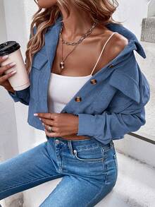 SHEIN Frenchy Flap Pocket Drop Shoulder Corduroy Jacket - Blue - View 3