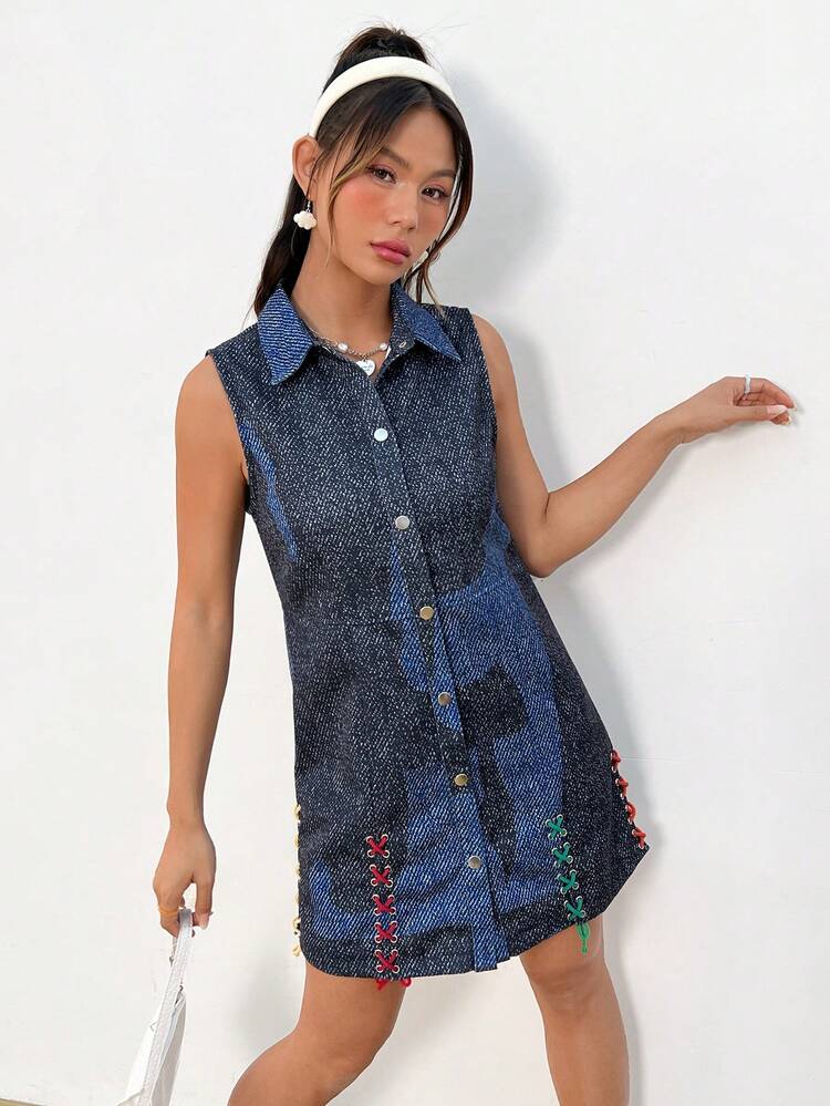 Women's Color Block Sleeveless Tie Waist A-line Dress