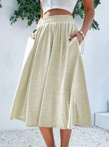 Breezaya Solid Slant Pocket Flare Skirt - Beige - View 6