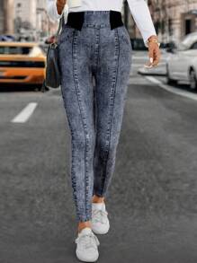 SHEIN LUNE Quần jegging in hiệu ứng denim eo tương phản dành cho nữ - Màu xanh lam - Xem 3