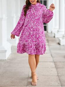 SHEIN Clasi 女士加大碼印花燈籠袖連衣裙,設有荷葉邊設計 - 紫色 - 查看 3