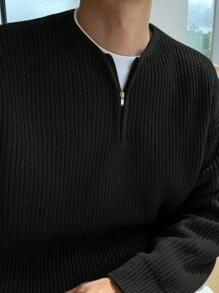 DAZY Men Zipper Front Drop Shoulder Fall Sweater Without Tee Business Attire Quarter Zip Men - Black - View 5