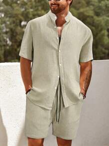 Manfinity Conjunto De Camisa De Mangas Cortas De Cuello Alto Y Pantalones Cortos De Diseño Con Cordón De Color Sólido Para Hombre - Albaricoque - Ver 1