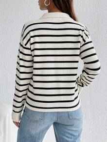SHEIN Unity Jersey informal con cierre de media cremallera y contraste de colores a rayas - Blanco y Negro - Ver 2
