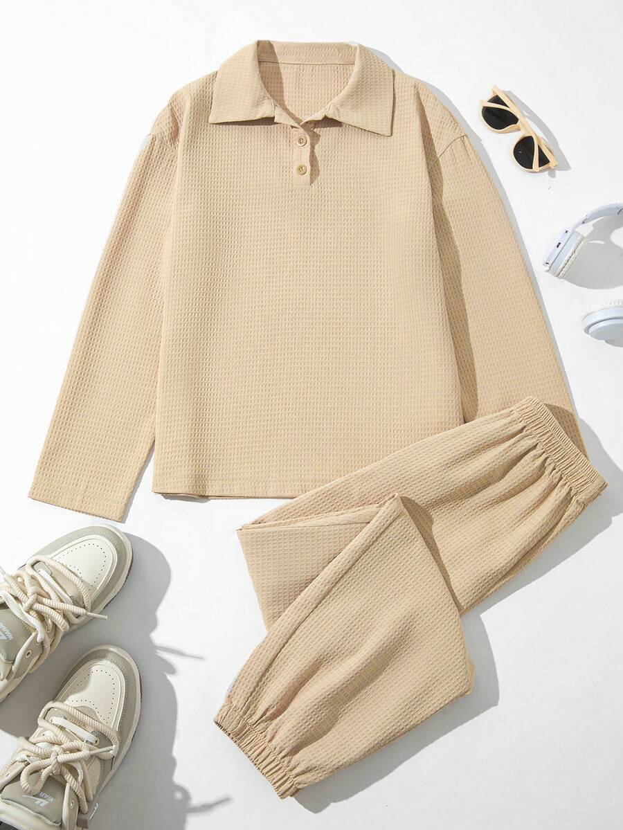 SHEIN Unity Women's Solid Color Turn-down Collar Suit - Apricot - View 1