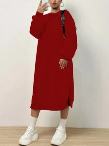 SHEIN Unity Women's Long Sweatshirt Dress With Split Hem - Red - View 5