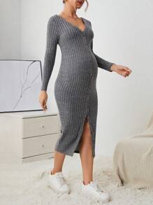 SHEIN Maternity Button Through Ribbed Knit Bodycon Dress - Dark Grey - View 4